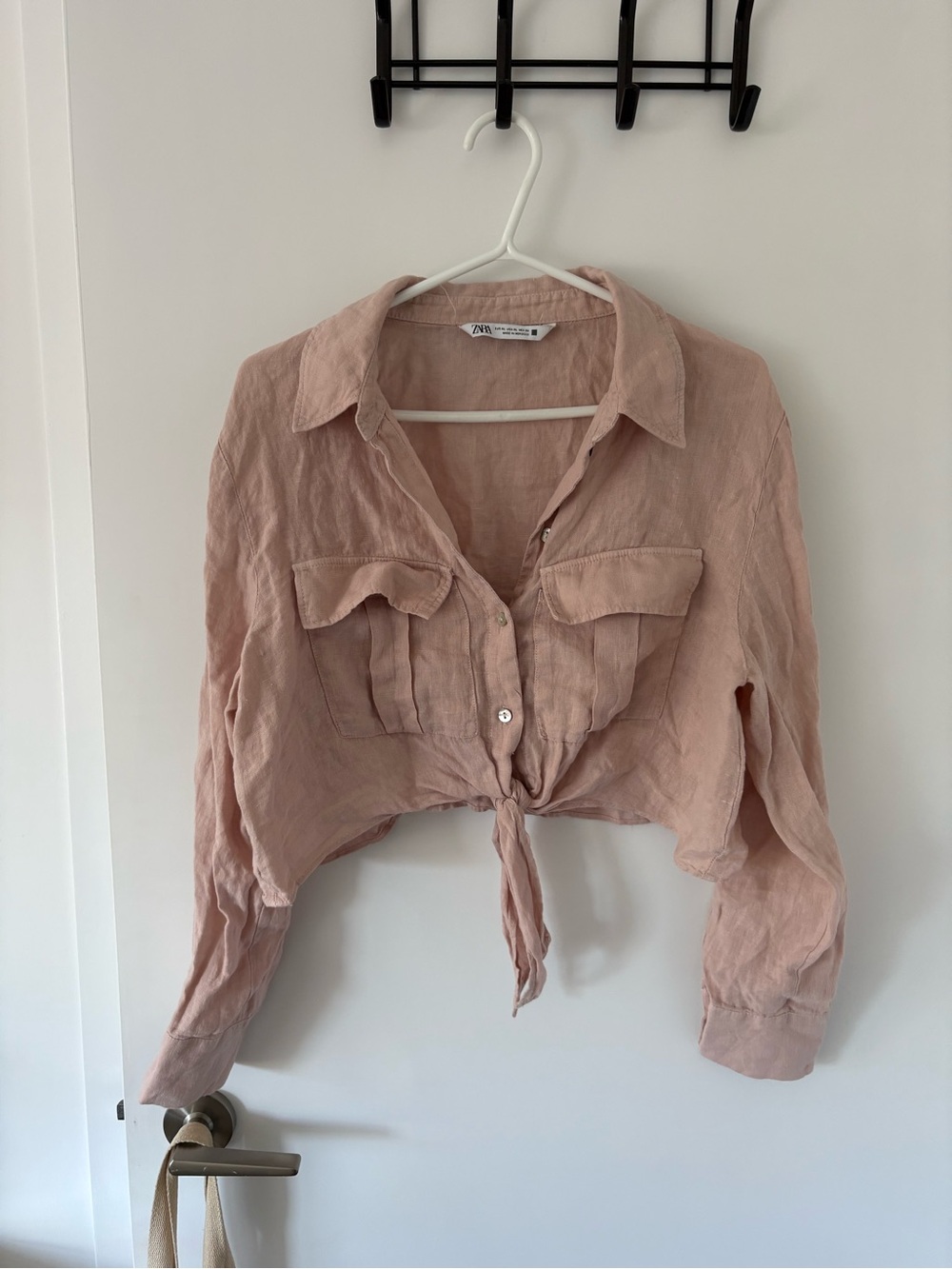 Zara Blush Pink Tie-Front Button-Down Shirt